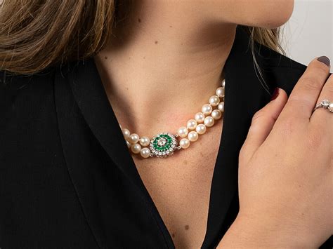 Cultured Pearl Double Strand Necklace With Emerald And Diamond Clasp