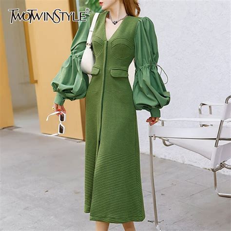 Twotwinstyle Casual Patchwork Drawstring Colorblock Dress Female V Neck