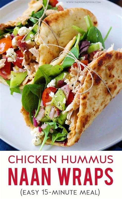 There's extra smooth hummus on the bottom, fresh cucumber, bell peppers, parsley, feta cheese, chicken, and a drizzle of tahini sauce on top. Chicken Hummus Naan Wraps | Recipe | Quick healthy dinner ...