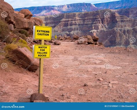 Sign Watch For Falling Rocks Grand Canyon Usa Stock Image Image Of
