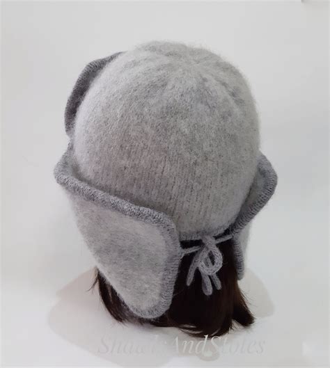 Knitted Ushanka Alpaca Hat With Ears Double Layered Grey Knit Etsy