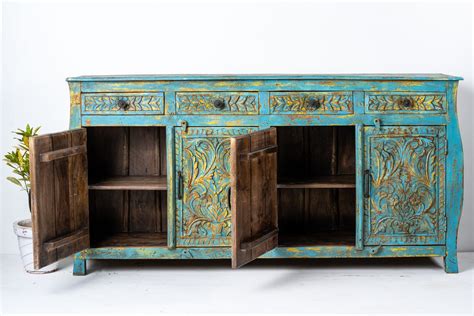 Distressed Teal Sideboard Chisel And Log