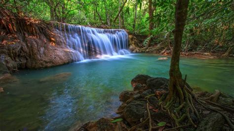 Wonderful Tropical Waterfall In Jungle Pool With Turquoise