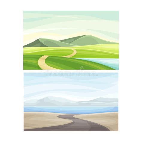 Beautiful Nature Landscapes Set Green Field River And Road Vector