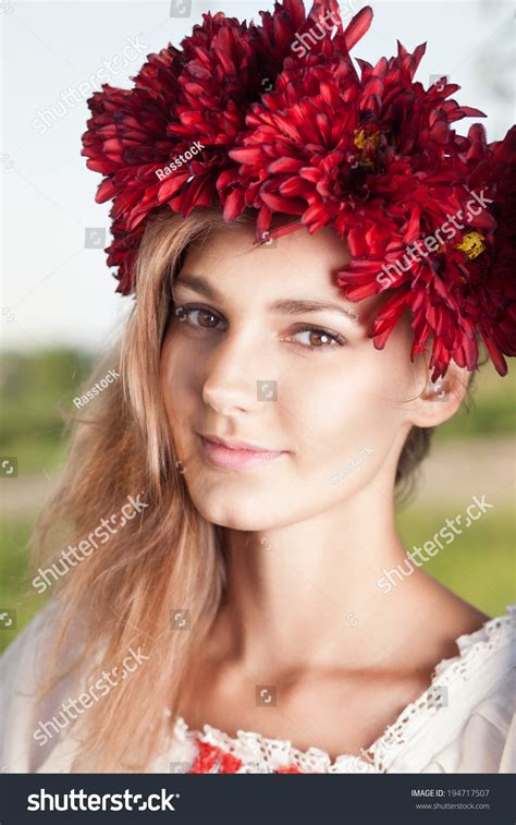 Closeup Portrait Ukranian Girl Traditional Costume Stock Photo