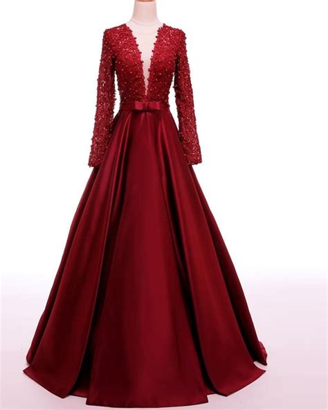 burgundy long sleeves lace beaded prom dresses a line formal dresses evening dresses long