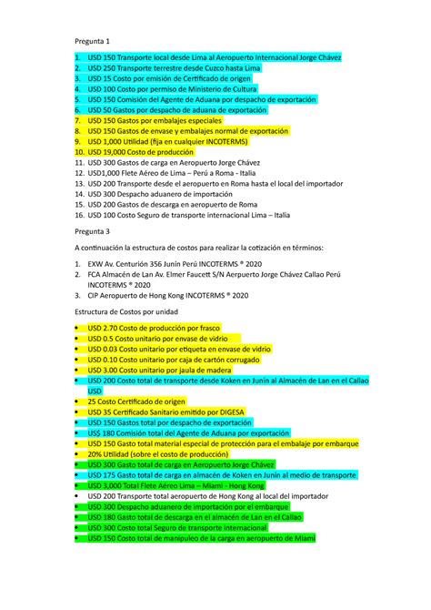 Casos De Incoterms Lectura Pregunta 1 USD 150 Transporte Local