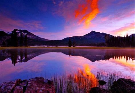 Sunset Reflections Hills Water Grass Trees Clouds Lake Hd