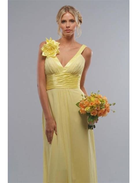 Long Bridesmaid Dresses Yellow Chiffon Flower V Neck