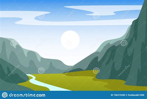 Vector Cartoon Field Landscape Of Summer Meadows Vegetation Mountains