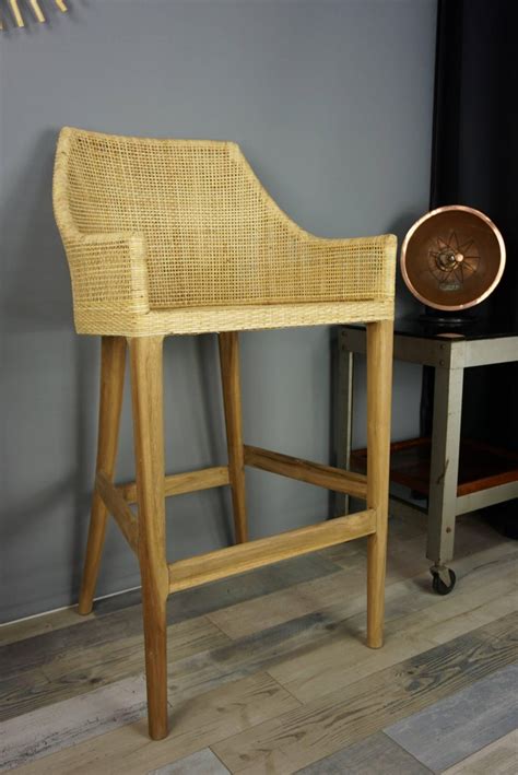 Wooden Teak And Rattan Bar Stool For Sale At 1stdibs