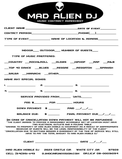 Free Dj Contract Agreement Template Free Printable Templates