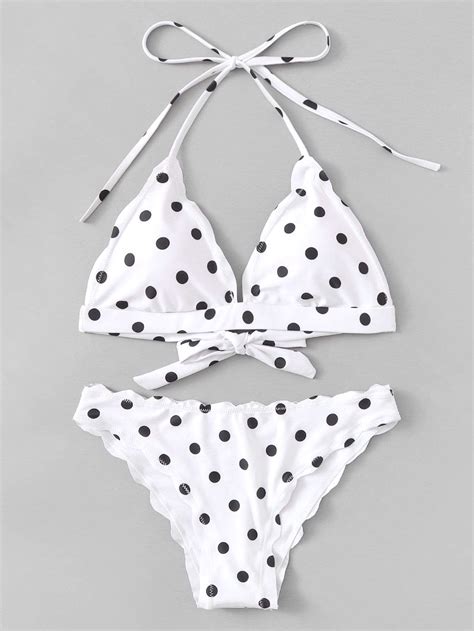 White Polka Dot Swimsuit Halter Top With Scalloped Trim Bikini Bottom
