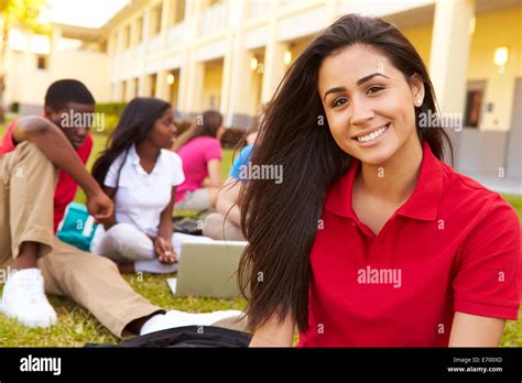 High School Students Studying Outdoors On Campus Stock Photo Alamy