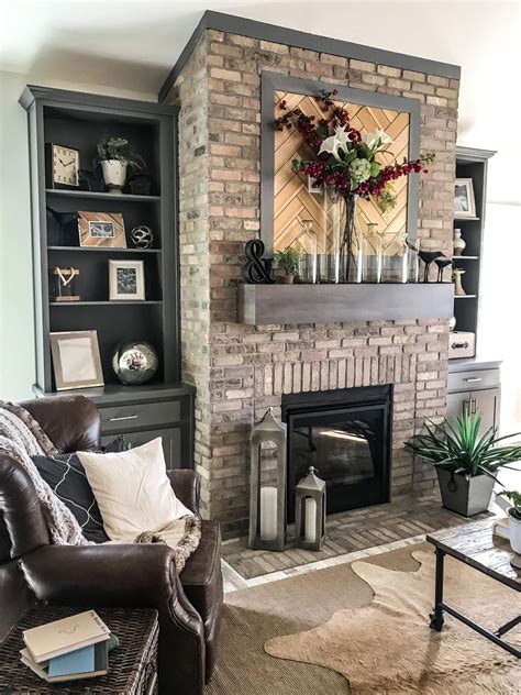 Brick Fireplace With Floating Mantle And Natural Herringbone Inlay