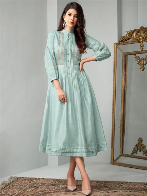 Powder Blue Slub Cotton Frock Style Pleated Kurti With Floral