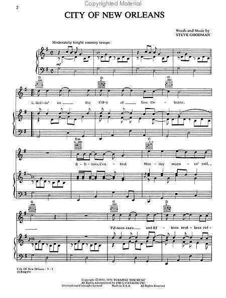 Fifteen cars and fifteen restless riders, three conductors and twenty fiv. City Of New Orleans By Steve Goodman - Single Sheet Music For Voice, Piano And Guitar Chords ...
