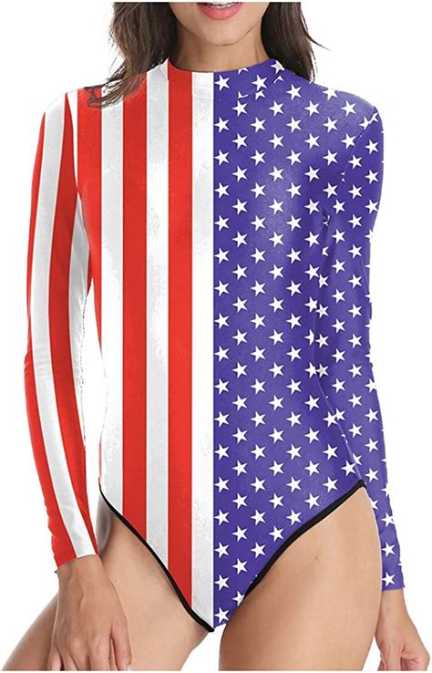 Women Long Sleeve Sexy American Flag Print Bathing Suits One Piece Swimwear Swimsuits Bikini