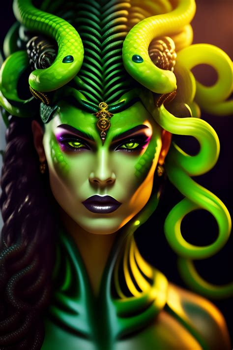 Lexica Very Upclose Portrait Of Medusa Gorgon With A Very Aggressive And Evil Face Many Green