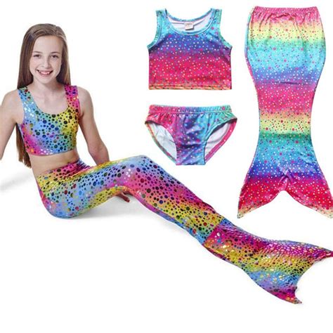 3pcs Rainbow Color Girl Kids Mermaid Tail Swimwear Bikini Set Bathing