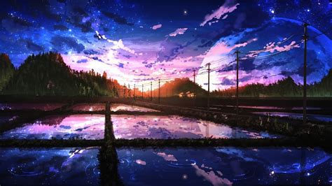 Beautiful Sunrise Clouds Scenery Paddy Field Anime