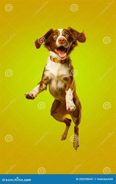 Brown And White Dog Jumping In The Air With Its Front Paws Up