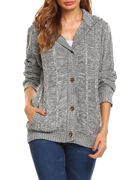 Women Button Cardigan With Pockets Lightweight Hooded Coat Knit