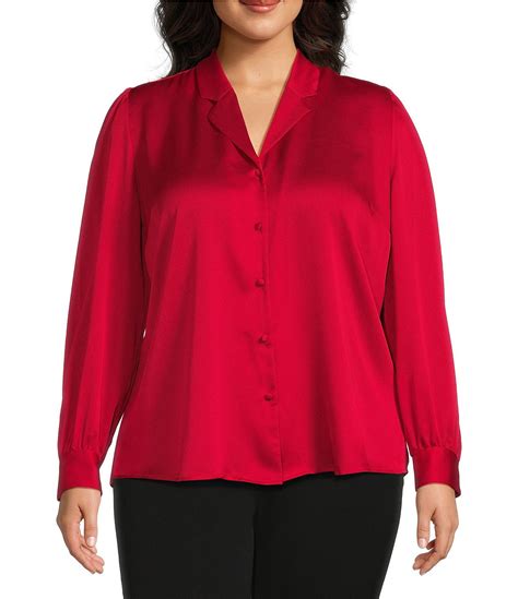 Investments Plus Size Woven Long Sleeve Button Front Notch Collar