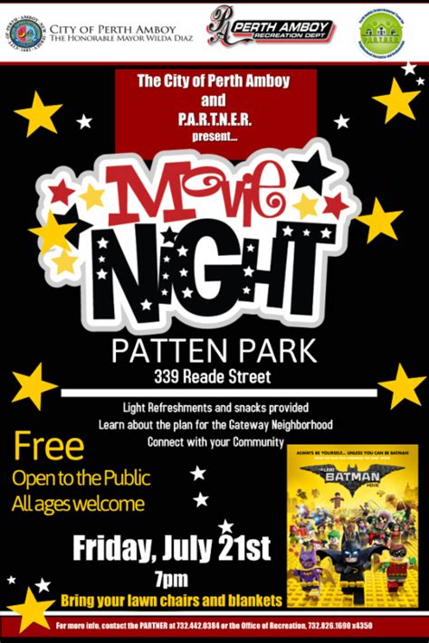 Film night in the park. Movie Night Friday, July 21, 7pm at Patten Park 339 Reade ...