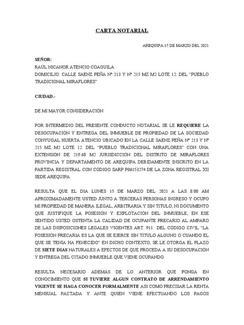 Carta Notarial Desalojo Renzo Huerta Pdf Propiedad Justicia