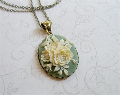 Vintage Cameo Necklace Sage Green Cameo Flower Cameo T Etsy