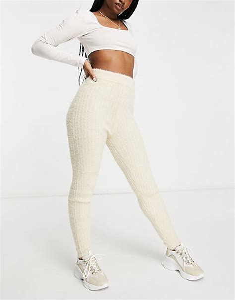 Missguided Loungewear Co Ord Fluffy Ribbed Legging In Stone Asos