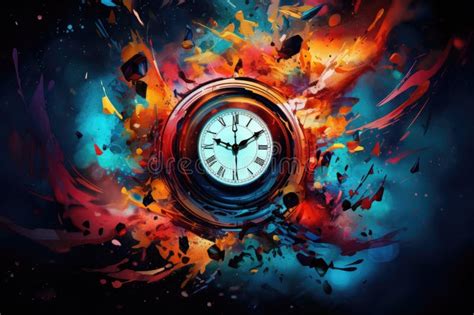 A Clock Is Surrounded By Vibrant Multicolored Paint Splatters