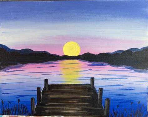 How To Paint A Sunset Lake Pier Painting Happy Paintings Lake Sunset