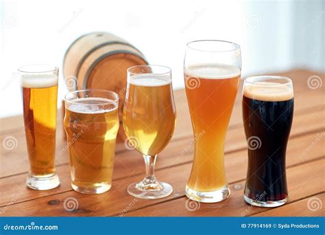 Close Up Of Different Beers In Glasses On Table Stock Image Image Of