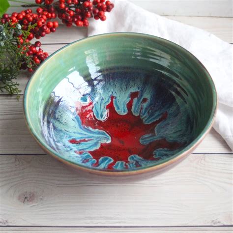 Andover Pottery — Gorgeous Serving Bowl In Beautiful Green And Crimson Glazes Handmade Stoneware