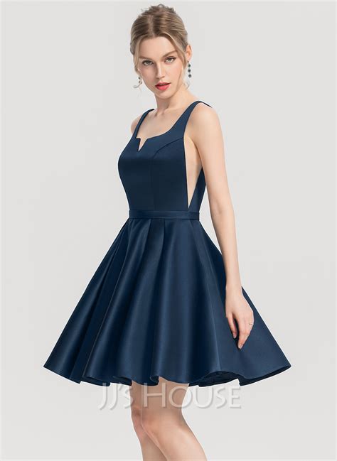 A Line Square Neckline Short Mini Satin Homecoming Dress With Pockets 022170672 Homecoming