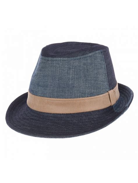 Denim Cotton Fedora Hat With Faux Leather Band Ld3279 Blue Ch12evl6m7f