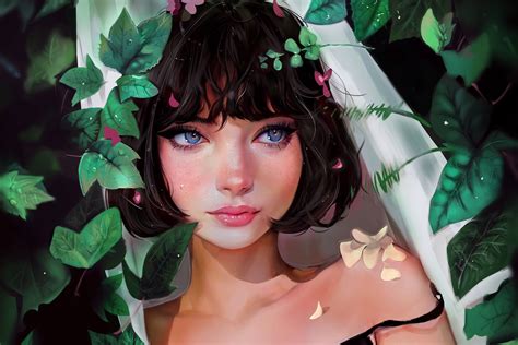 Women Blue Eyes Face Mouth Lips Brunette Bare Shoulders Flowers Leaves Artwork Digital