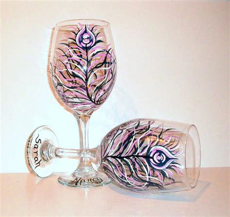 Peacock Feathers Hand Painted Wine Glasses Set 2 20 Oz Etsy