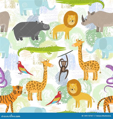 Childish Pattern With Color Cartoon Jungle Animals Stock Vector