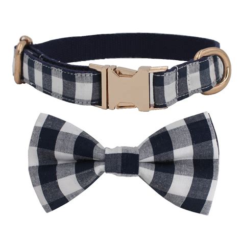 Navy Blue Plaid Dog Collar With Bow Tie Basic Dog Cotton Dog Andcat