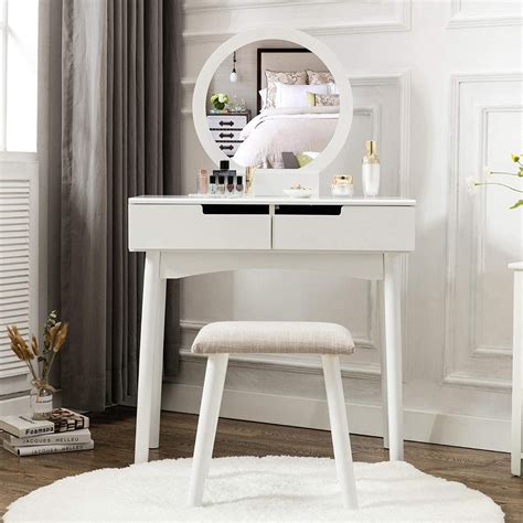 Unihome Vanity Table Set Makeup Table With Round Mirror And Stool Small