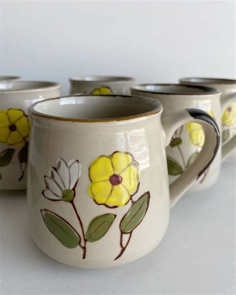 Vintage Flower Mug Set Of Stoneware Ceramic Coffee Cups Etsy