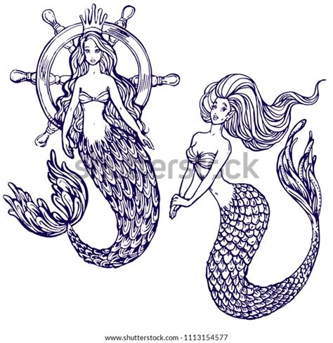 Mermaid Line Art Collection Set Hand Stock Vector Royalty Free 1113154577