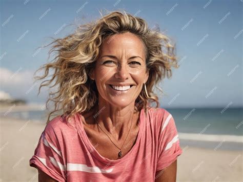 Premium Ai Image Portrait Of A Beautiful 40 Year Old Blonde Woman On The Beach
