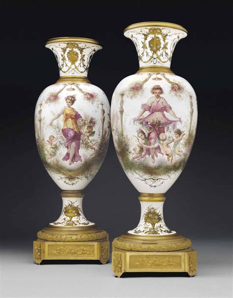 A Pair Of Ormolu Mounted Sevres Style Porcelain Vases Late 19th Century Signed M Demonceaux