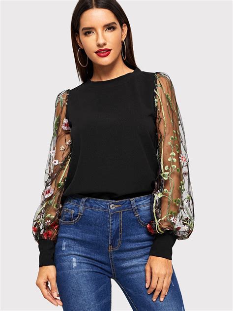 Embroidered Flower Sheer Mesh Top Sheer Mesh Top Casual Blouse Women