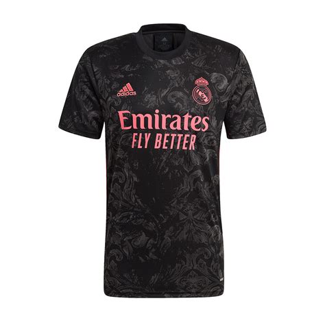The real madrid third kit uses a combination of black and gray, with spring pink accents in logos, a monochromatic shield of the meringues and the strips of the german. Jersey adidas Real Madrid 2020-2021 Third Black - Football ...