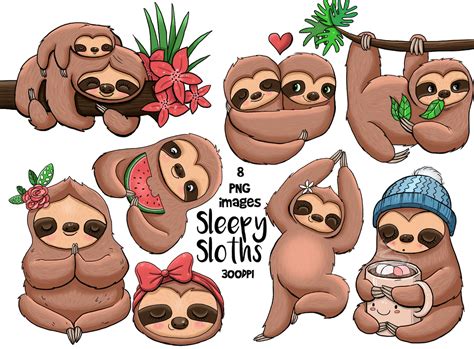 Cute Sloth Cartoon Commercial Use Clip Art Color Clipart Etsy
